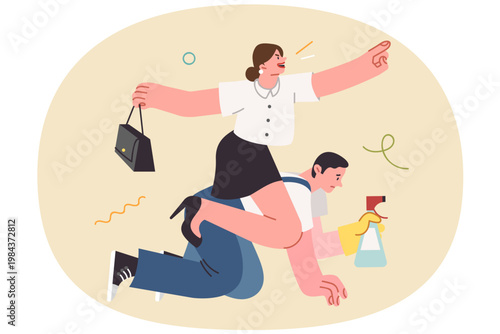 Businesswoman gives command to janitor, using toxic management methods, sitting astride laborer