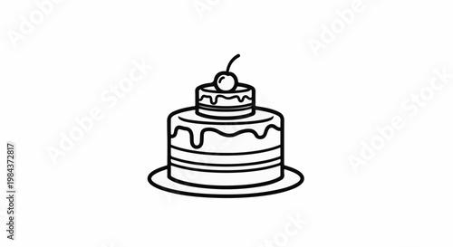 Simple line art of a two-tiered cake with frosting drips and cherry
