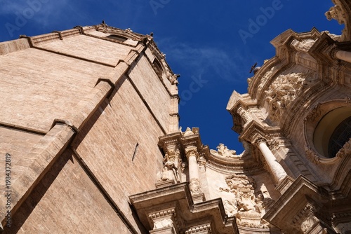 Valencia city architecture in Spain. Valencia Cathedral, gothic style Catholic church. Micalet Tower.