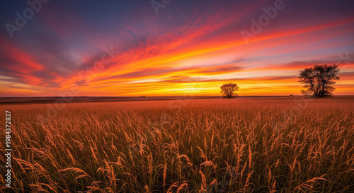 A serene wheat field at sunset with trees in the distance under a vibrant sky