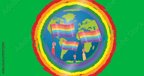 Hands holding rainbow flags over a globe icon against rainbow circle on black background