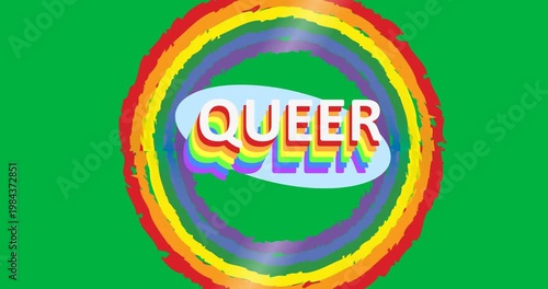 Digital animation of queer text banner over a rainbow circle against black background