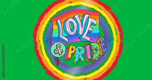 Love and pride text on rainbow flag over a rainbow circle against black background