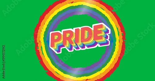 Digital animation of pride text banner over a rainbow circle against black background