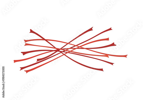 Several red cable ties are crossed over each other on a plain surface.