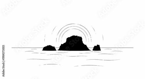 Silhouette of island rocks in wavy sea under abstract radiating lines
