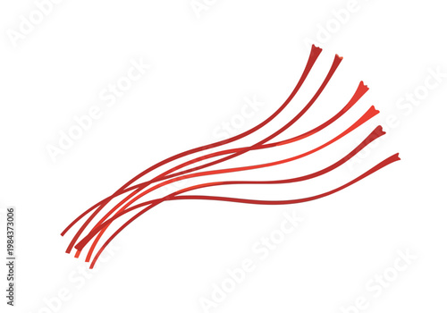 Several red wires are fanned out on a surface indoors