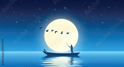 Moonlit boat ride, serene night scene, vector illustration, peaceful landscape