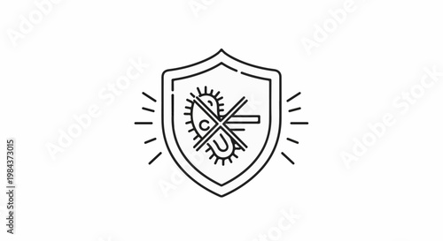 Shield with a stylized microbe crossed out, symbolizing protection and hygiene