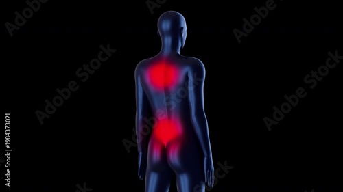 3D animation showing multiple red pain zones on upper and lower back. Conceptualizes complex spinal issues, musculoskeletal disorders or widespread back inflammation.