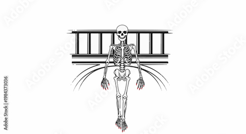 Skeleton with red-tipped fingers and toes hangs near ornate archway