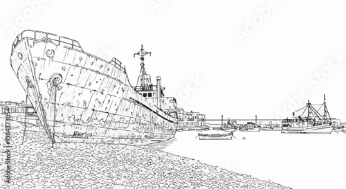 Sketch of a large docked ship on a pebble beach with a harbor beyond