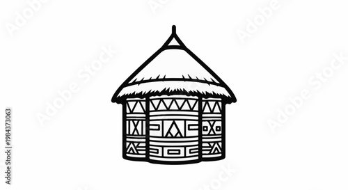 Rustic hut with thatched roof and tribal patterned walls