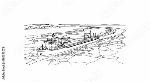 Ship navigates through a winding, frozen waterway with fragmented ice floes