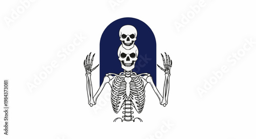Skeleton with smaller skull stacked on top, raised hands, dark blue arch