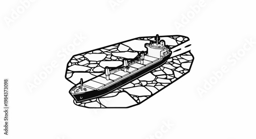 Ship navigating through icy waters, depicted in black and white