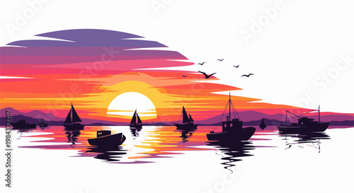 Silhouette boats on water with vibrant sunset sky and reflections