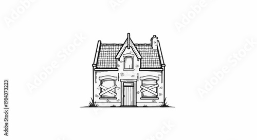 Sketch of a boarded-up, dilapidated house with overgrown grass
