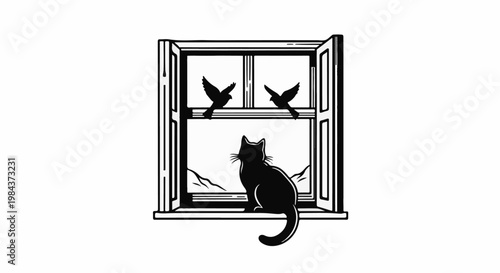 Silhouette of a black cat sitting on a windowsill watching two birds outside