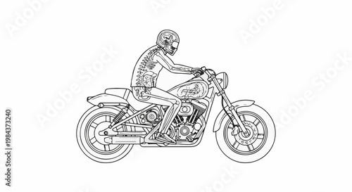 Skeleton rider on a motorcycle, engine anatomy visible, illustrative style