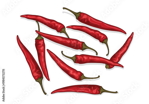A vibrant collection of red chili peppers are scattered on a clean surface.