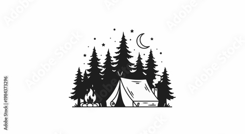 Silhouette of a campsite with a tent and campfire under a starry night sky