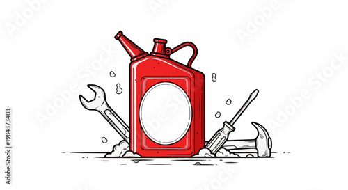 Red gas can with tools and white circle for text