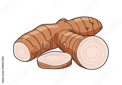 Fresh turmeric roots sliced showing inner texture on table indoors