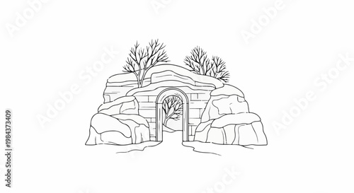 Stone archway with barren trees on rocky mound