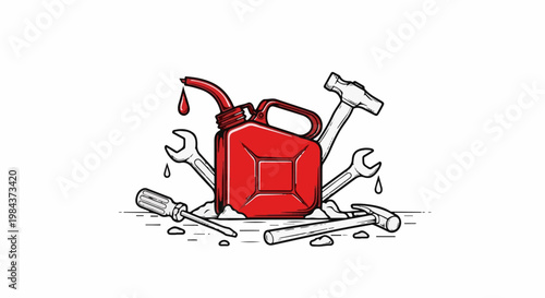 Red gas can with tools and dripping liquid