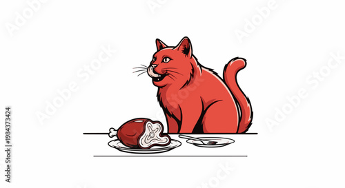 Red cat sits by a plate of meat with a fork and knife