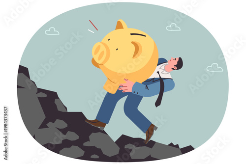 Businessman has saved money carries large piggy bank, walking up cliff and trying to save capital