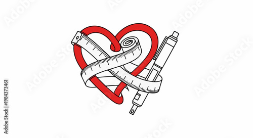 Red heart outline with measuring tape and stylus pen