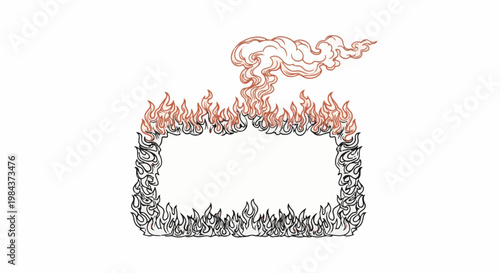 Rectangular frame engulfed in black and red stylized flames with smoke rising