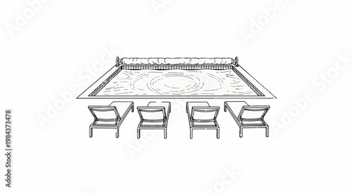 Rectangular pool with cover and four lounge chairs