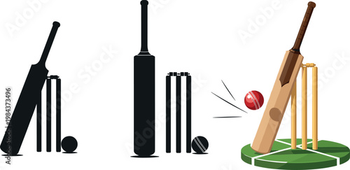 Cricket equipment illustration set with bat ball and stumps including silhouette and realistic styles for sports design projects