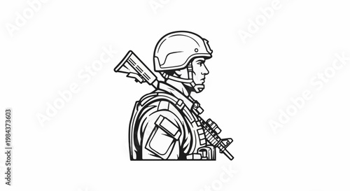 Profile of a soldier in full gear, holding a rifle