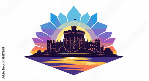 Silhouette of a medieval castle by a sunset reflecting on water