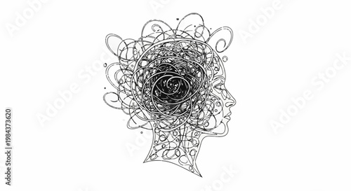 Profile of a head filled with chaotic, swirling lines and circles
