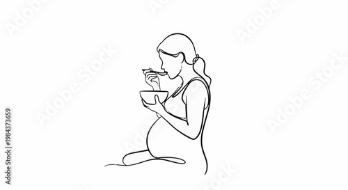 Pregnant woman eating from a bowl with a spoon, line art