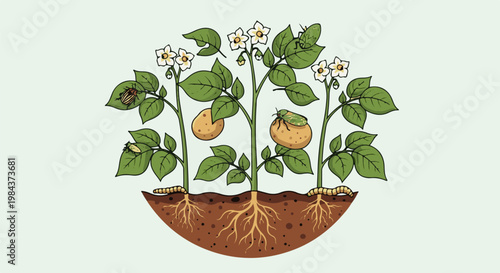 Potato plant with flowers, tubers, bugs and roots