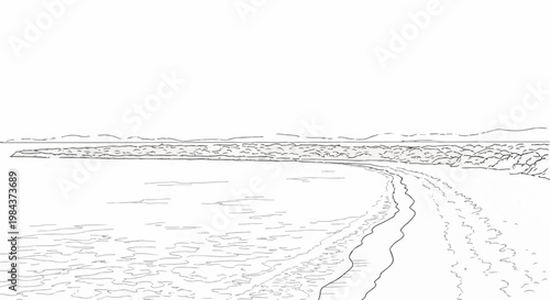 Simple line drawing of a curving shoreline leading towards distant hills
