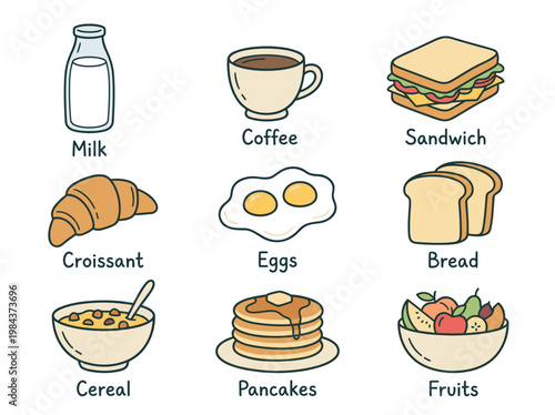 Breakfast food illustration collection, hand-drawn minimalist doodle elements with labels for menus and stickers