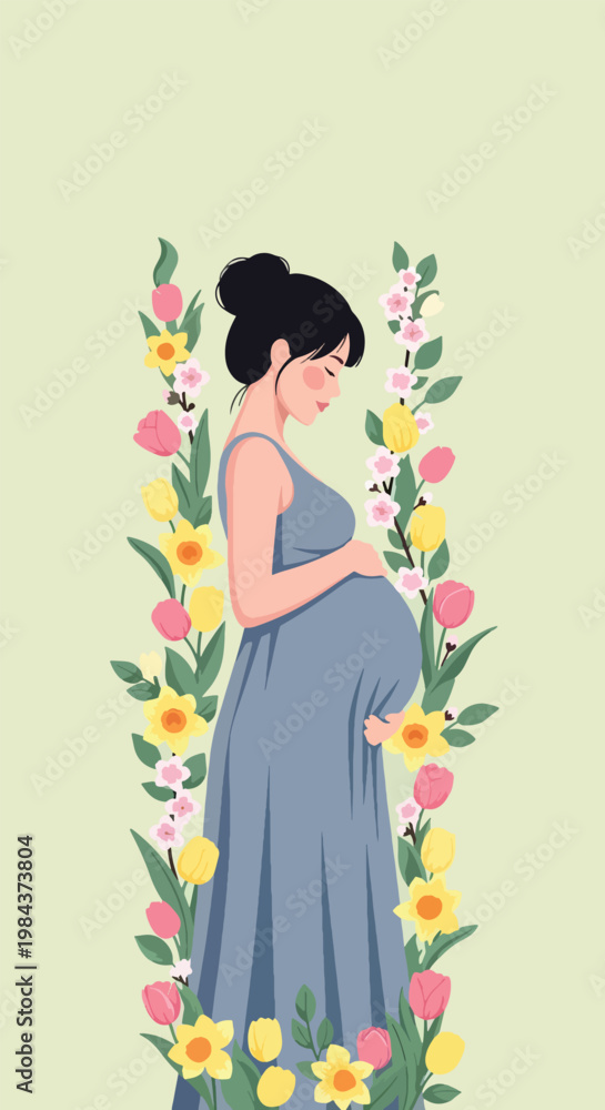 Fototapeta premium Pregnant woman with floral frame, concept of motherhood, future mom, new life, baby shower.