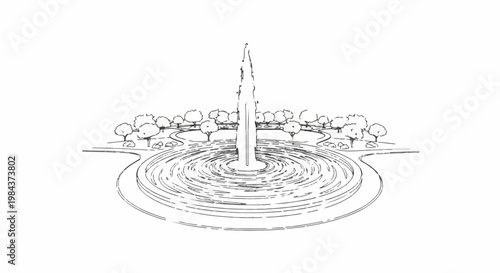 Sketch of a circular fountain with water jet and surrounding trees