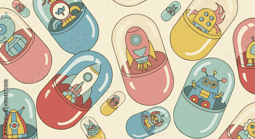 Playful robots and rockets contained within colorful capsule shapes