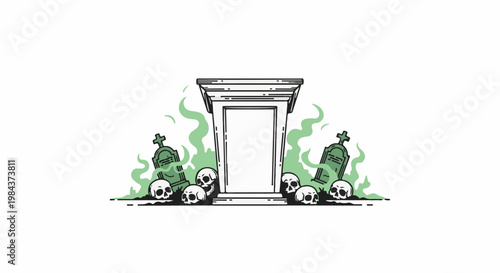 Spooky graveyard scene with open sarcophagus, tombstones, and skulls