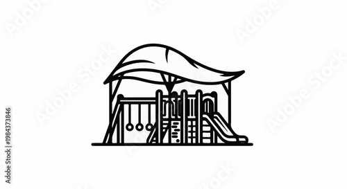 Play structure with slide, swings, and climbing features under a canopy