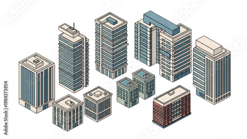 A vector 2D CAD illustration of various office buildings and skyscrapers in a cityscape