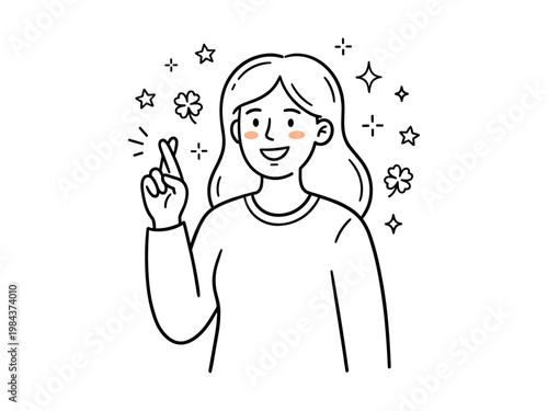 Cheerful girl crossing fingers for good luck, minimalist hand-drawn superstition concept illustration